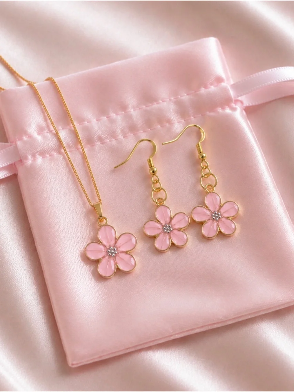 Gold-Plated Pink Flower Pendant Necklace with Matching Earrings
